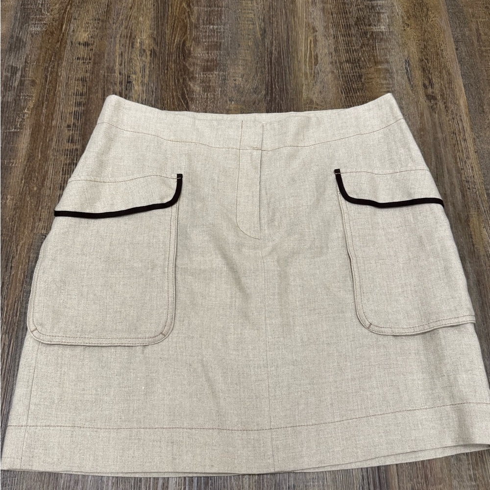Ann Taylor LOFT Linen Ivory Oatmeal Beige Mini Skirt Cargo Pockets W/ BrownTrim‎